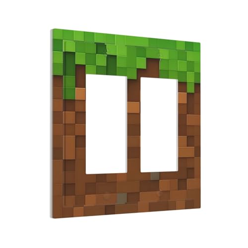 Pixel Style Gamer Themed Grass Block Decorative Outlet Covers 2 Gang Double GFCI Rocker Electrical Wall Panels Light Switch Cover Plate for Kids Room Office Home Decor - color: Pixel Miner Gamer Themed Grass Block, size: Double Rocker / 4.9 X 5 IN