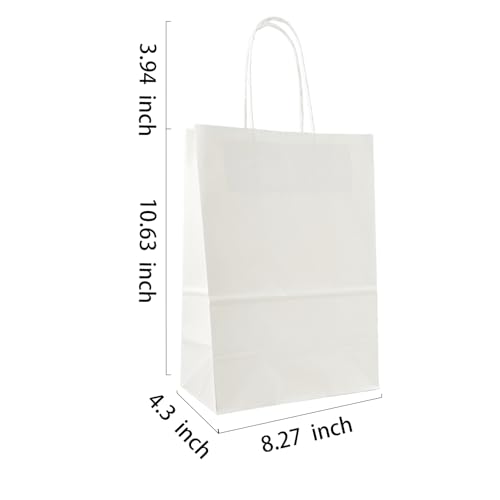 BAG BOX 100 Pack 8.25x4.3x10.6 Inch White Gift Bags with Handles,Bulk Kraft Paper Bags for Shopping, Retail, Merchandise, Wedding, Party Favors, Paper Grocery Sacks - color: White, size: 8.25 * 4.3 * 10.6 inch(Pack of 100)