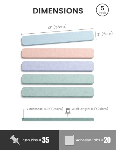 Fluxynara Cork Board Alternative Felt Strip Board 5-Pack 13"x2", Office Pin Board with 35 Push Pins, Adhesive Install for Bedroom Door & Home Office (Coastal Haze) - color: Coastal Haze, size: 5-pack