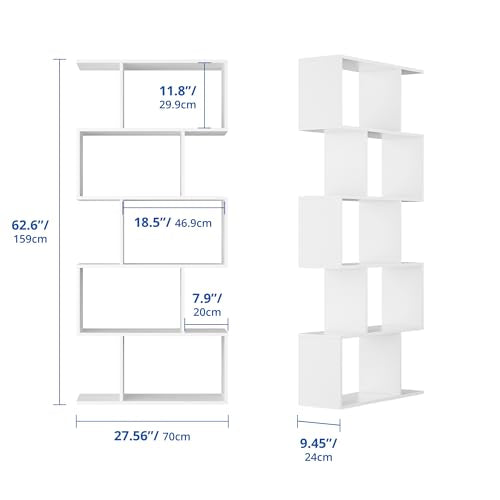 Cozy Castle Set of 2 Geometric Bookcase, S-Shaped Modern Bookshelf, Room Divider Bookshelf, 62" Tall Unique Abstract Bookcase with 5-Tier Display Shelf for Living Room Office, White - color: White