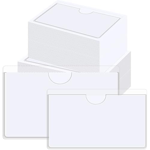 Outus 100 Pcs Index Card Pockets, 2 x 3.75, 3 x 5 Inch Clear Self Adhesive Labels Pocket for Business, Plastic Label Sleeves with Top Open for Organizing Storage Bins Library Card Shelves Scrapbooks - size: 2 x 3.75, 3 x 5 Inch