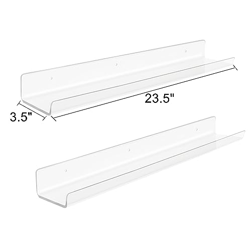 ROYALITA 24 Inches Acrylic Floating Book Shelves Wall Mounted Set of 2, Wall Hanging Plant Display Shelves, Room Decor Floating Wall Shelves for Gaming Room, Bedroom, Living Room, Office, Clear - color: Clear, size: 24 Inch