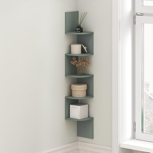 Furinno Rossi Floating Book Shelves for Wall, 5-Tier Zigzag Corner Shelf Wall Mounted, Radial Corner Floating Shelf, for Living Room, Bedroom, Bathroom, Home Office, Sage Green - color: Sage Green