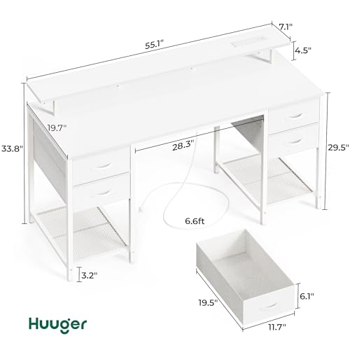 Huuger 55 inch Computer Desk with 4 Drawers, Gaming Desk with LED Lights & Power Outlets, Home Office Desk with Large Storage Space for Bedroom, Work from Home, White - color: White, size: 55 Inch