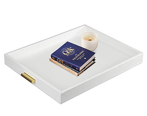 HofferRuffer Extra Large Serving Tray with Handles, Elegant Faux Leather Storage Decorative Tray for Coffee Table, Ottoman, Console Table (White Tray+Golden Handle) - color: White Tray+golden Handle, size: 20" x 16" x 2.2"