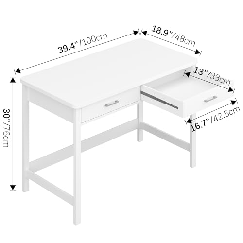4NM 39.4" Small Desk with Wood Drawers, Home Office Computer Desk with Wooden Legs, Study Writing Table Vanity Desk for Small Spaces - White - color: White