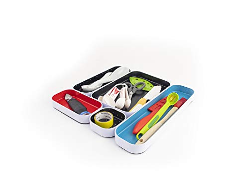 Three by Three Seattle 5 Piece Metal Organizer Tray Set for Storing Makeup, Stationery, Utensils, and More in Office Desk, Kitchen and Bathroom Drawers (1 Inch, Blue Black Red and Dots) - color: Blue, Black, Red, Dots, size: 5 Piece