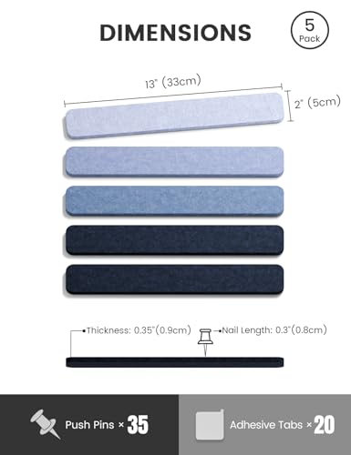 Fluxynara Cork Board Alternative Felt Strip Board 5-Pack 13"x2", Office Pin Board with 35 Push Pins, Adhesive Install for Bedroom Door & Home Office (Denim Mist) - color: Denim Mist, size: 5-pack