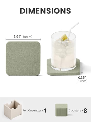 Fluxynara Felt Coasters for Drinks, Set of 8 Absorbent Coasters with Holder, Heat-Resistant & Reusable Square Design for Coffee Table & Living Room, 3.94 Inch, Sage - color: Sage, size: Square - 8 Count