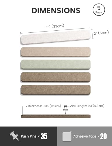 Fluxynara Cork Board Alternative Felt Strip Board 5-Pack 13"x2", Office Pin Board with 35 Push Pins, Adhesive Install for Bedroom Door & Home Office (Linen Dusk) - color: Linen Dusk, size: 5-pack