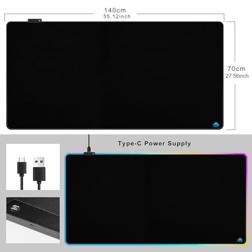 Cacoy 55"x27.5" Extra Large RGB Gaming Mouse Pad XXL, Extended LED Computer Keyboard Mouse Mat with 9 Light Mode, Oversize Office Desk Matt for Desktop with Stitched Edge & Non-Slip Rubber Base, Black - color: Rgb, size: 55" x 27.5"