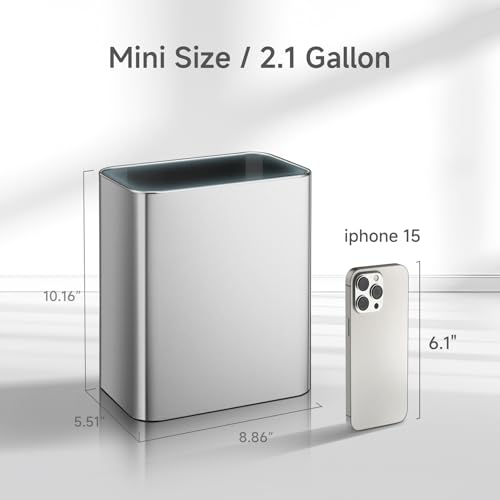 TIPGO Small Metal Trash Can, 2.1 Gallon Slim Trash Can for Bathroom, Wastebasket Garbage Bin for Bedroom, Office, Kitchen, Under Sink (Silver) - color: Silver