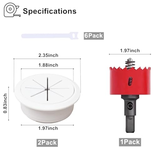 2 Pack Desk Grommet 2 Inch (50 mm) White, Desk Hole Cover for Cables, White Desk Cord Hole Cover for Office Home Table, Cable Grommet with 1 Hole Saw Drill Attachment & 6 Cable Ties - color: White