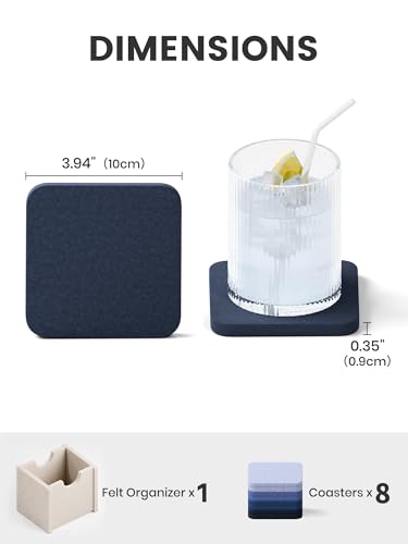 Fluxynara Felt Coasters for Drinks, Set of 8 Absorbent Coasters with Holder, Heat-Resistant & Reusable Square Design for Coffee Table & Living Room, 3.94 Inch, Denim Mist - color: Denim Mist, size: Square - 8 Count