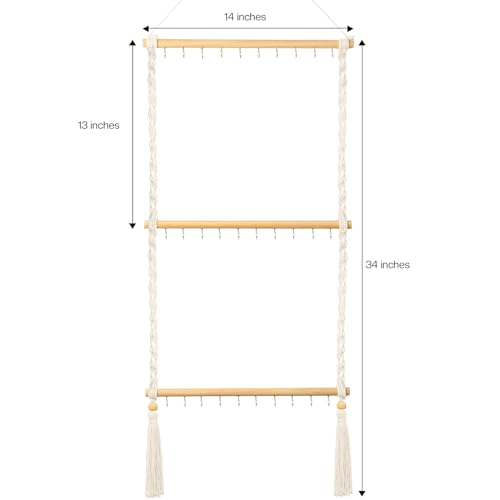 UREYMX Hanging Jewelry Organizer Macrame Necklace Holder, with 30 Hooks, Over Door Necklace Rack, Wall Mounted Jewelry Hanger with Tassel Boho for Necklace Headband Bow Earring Bracelet
