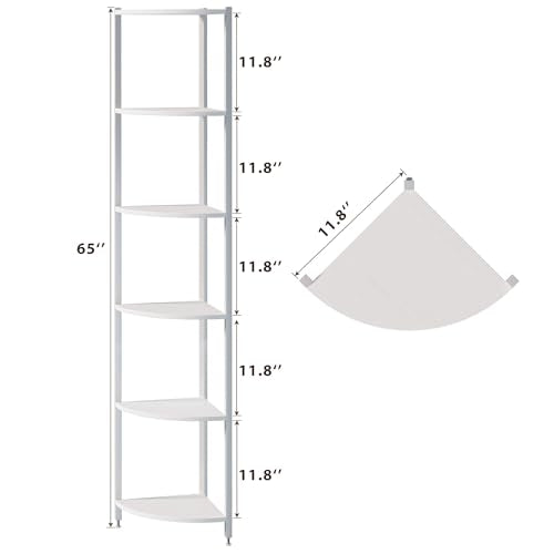 Corner Shelf with LED Lights, 6-Tier Corner Bookshelf, 66'' Organizer Book Shelf Shelves Steel Frame Display Stand with Living Room, Bedroom, Study, White - color: White