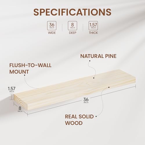 Heimlove Unfinished Wood Floating Shelves, Pine Shelves for Wall Set of 2, Wall Mounted Rustic Wood 8 Inch Deep Floating Shelf with Invisible Brackets for Bedroom Kitchen Living Room - Natural, 36x8 - color: Natural, size: 36”Wx8”Dx1.6”H