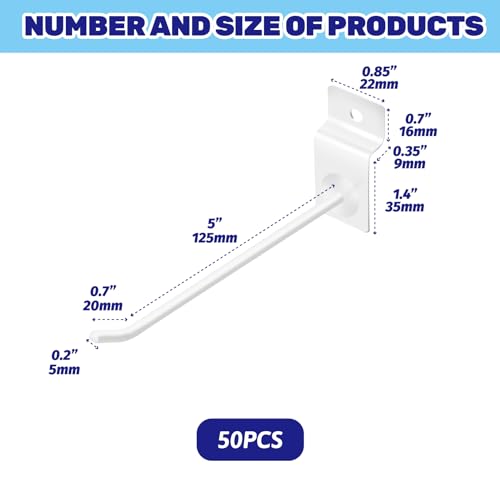 50Pcs 6 Inches White Slatwall Panel Hooks Bulk Set, Metal Slat Wall Hanging Display Hanger Hooks, Pegboard Organizer for Gridwall Garage Shop Retail - color: White, size: 6 Inch