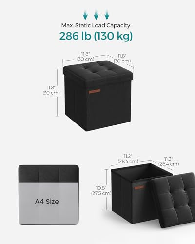 SONGMICS Storage Ottoman, Foldable Small Ottoman Foot Rest, 11.8 Inches Foot Stool, Cube Ottoman with Storage, Load up to 286 lb, for Living Room, Bedroom, Dorm, Ink Black ULSF028B01 - color: Ink Black, size: 11.8"D x 11.8"W x 11.8"H