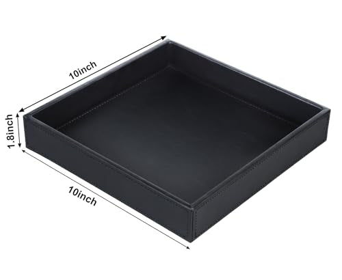 HofferRuffer Faux Leather Vanity Tray, Elegant Desktop Storage Organizer, Decorative Catchall for Perfume, Bathroom Valet, Nightstand or Dresser, 10" x 10" x 1.8" (Black) - color: Black, size: 10" x 10" x 1.8"