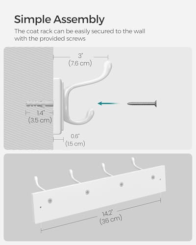 SONGMICS Set of 2 Wall-Mounted Coat Rack, Hook Rack, 8 Dual Metal Hooks, for Coats, Bags, Keys, in the Entryway, Bedroom, Living Room, White ULHR232W01 - color: White, size: 2 Pack-4 Hooks