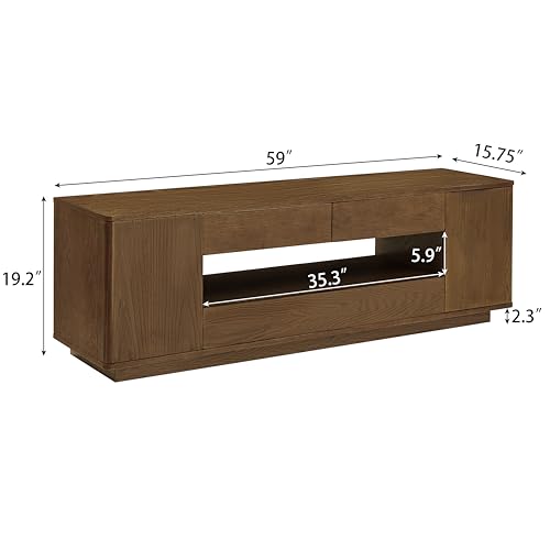 LKTART 59" Mid-Century Modern TV Stand, Solid Wood Veneer Entertainment Center with Storage Drawers & Cable Management,Eco-Friendly Paint Finish Media Console for 50/55/60/65 inch TVs,Walnut - color: 59" Walnut
