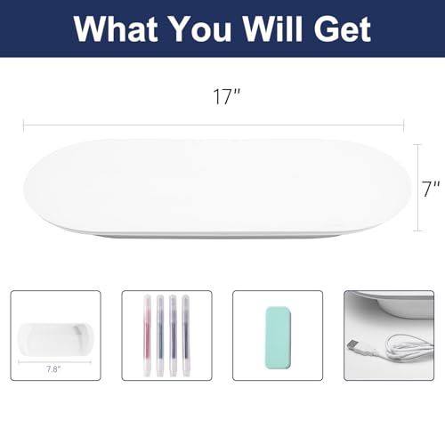 TSJ OFFICE Glass Desktop Whiteboard - 17 X 7 Inches Small Dry Erase Board with Pink Light, Glass White Board Surface Notepad with 1 Drawer, Desk Organizers for Office, Home, School Supplies - color: Pink Light (White Glass)