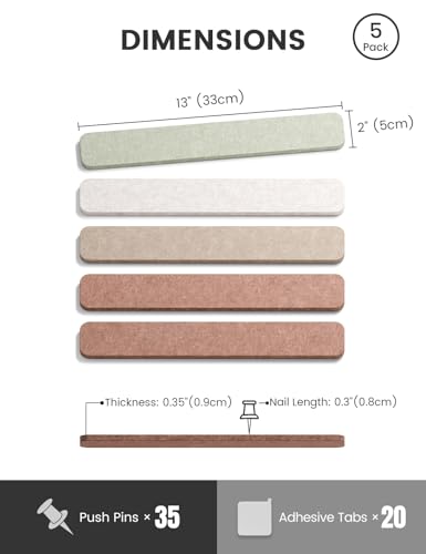 Fluxynara Cork Board Alternative Felt Strip Board 5-Pack 13"x2", Office Pin Board with 35 Push Pins, Adhesive Install for Bedroom Door & Home Office (Boho) - color: Boho, size: 5-pack
