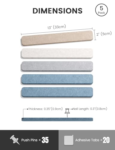 Fluxynara Cork Board Alternative Felt Strip Board 5-Pack 13"x2", Office Pin Board with 35 Push Pins, Adhesive Install for Bedroom Door & Home Office (Coastal) - color: Coastal, size: 5-pack