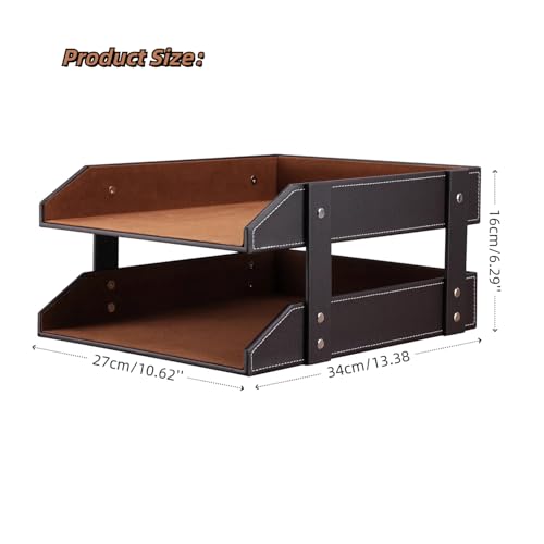 KINGFOM Letter Tray, Leather Paper Organizer Tray, Wooden Desk File Holder, Desktop File, Stackable Magazine Holder, Mail Sorter, Great for Home or Office - 2 Level Brown - color: Brown, size: 10.8" x 13.8" x 7.2"