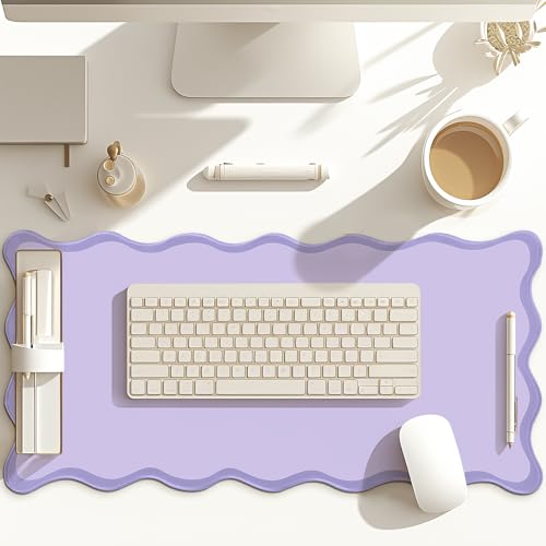Hahafelt Scalloped Desk Mat Large Desk Pad Cute Coquette Table Mat Back to School Preppy Table Make up Pad Nonslip Graduation Gift with Stitching Waterproof Gaming(Purple,36 x 17 Inches) - color: Purple, size: 36 x 17 Inches
