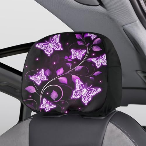 Butterfly Headrest Covers for Cars Stretchy Seat Head Rest Protector Set of 2 Pcs Car Seat Headrest Cover Replacement Dust Covers Elastic Pillow Covers,for Most Vans,Trucks - color: Butterfly purple