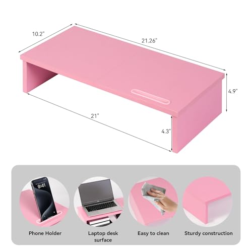 Qupui 21" Monitor Stand Riser with Phone Holder, Monitor Stand for Desk, Computer Monitor Stand, Desk Shelf for Top of Desk, Desktop Organizer for Laptop, Printer, TV - color: 21" Pink