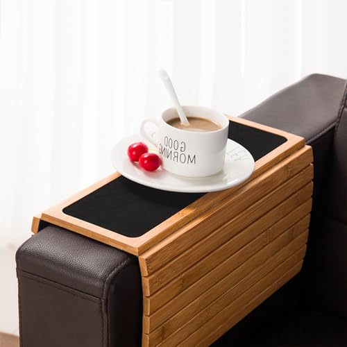 GEHE Couch Arm Tray Table, Flexible/Foldable Sofa Armrest Tray, Couch Armrest Table Cup Holder Great for Drinks Snacks Remote Control, Portable Side Table and Anti-Slip Bottom - color: Natural Bamboo