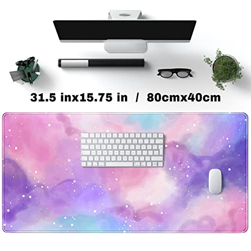 Desk Pad Purple Starry Sky Cute Gaming Mouse Pad Galaxy Gamer Girl Cute Pink Desk Decor Keyboard Desk Mat, Stitched Edges Desktop with Stitched Edges Non-Slip Large Computer Mat 31.5x15.7 in - color: B-pink Lucky Clouds