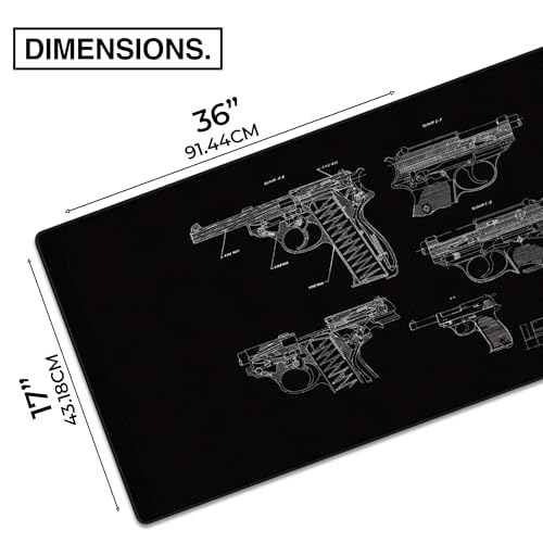 MPCO. Blueprints Large Gaming Desk Pad - 36" x 17" Aeroglyde Fabric Pistol 38 – Black Desk Mats - Non-Slip, Washable, Smooth Glide for Precision Gaming & Work - color: Aeroglyde Pistol 38 – Black