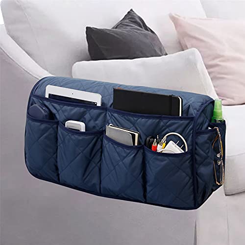Armchair Caddy, Sofa Armrest Organizer with 14 Pockets, Waterproof Non Slip Recliner Remote Control Holder, Couch Chair Arm Storage for TV Remotes, Phone, iPad, Magazine, Books - color: Navy Blue