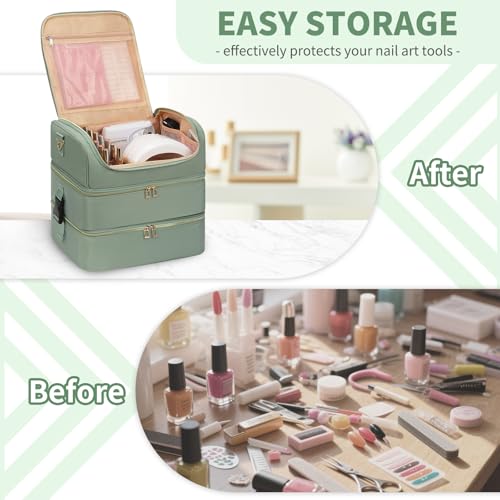 CUBETASTIC Nail Polish Organizer Case, Nail Supplies Storage Box Holds 117 Bottles Nail Polish & Nail Lamp, Travel Nail Tech Carrying Case, Nail Kit Bag For Nail Stuff & Manicure Tools - color: Green, size: 117 Slots