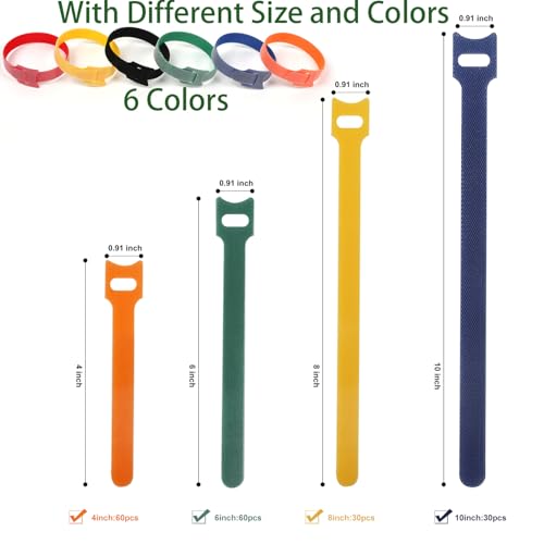Cable Ties 180PCS, 4+6+8+10 inch Reusable Multi-Colour Cable Ties Wire Ties Cord Organizer Cable Organizer Adjustable Cable Management for Cable Management (4+6+8+10 Inch(Colorful))