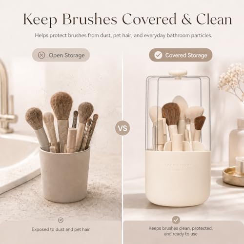 EACHY Makeup Brush Holder with Lid, Rotating Makeup Brush Organizer, Beige | Dustproof Lid, 7 Compartments, Waterproof Plastic, Vanity Makeup Organizer for Brushes - color: Beige
