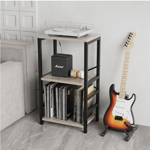 YAKANJ End Table with LED Light,Record Player Stand with Albums Storage,Vinyl Records Storage,Turntable Stand Side Table for Music Room Studio Living Room Bedroom-Greige - color: Greige