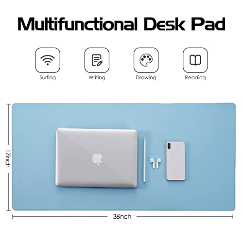 Wolaile Faux Leather Desk Pad Blotter,Waterproof Non-Slip Writing Desk Mat for Kids,36x17 in Desktop Protector Large Mouse Pad,Light Blue Office Home Table Cover - color: Baby Blue