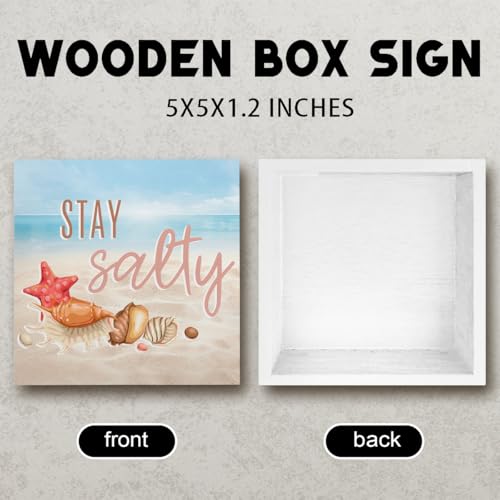Summer Beach Sign Decor Summer Decorations for Home Coastal Beach Theme House Room Bedroom Bathroom Classroom Decor Stay Salty Wooden Box Sign 5 X 5 Inch - color: Stay