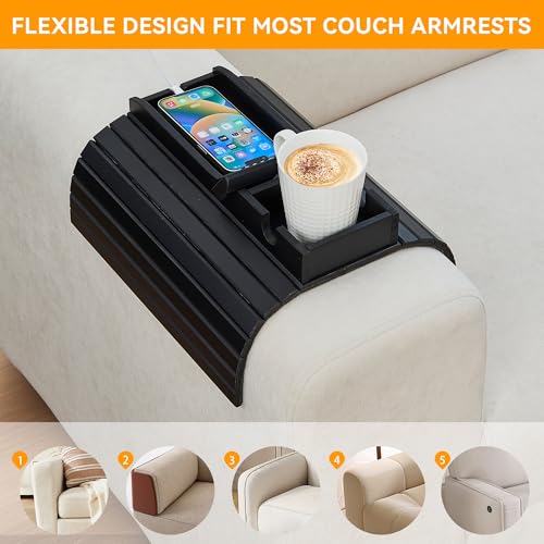 GEHE Bamboo Couch Cup Holder, Anti-Spill Sofa Arm Tray, Natural and Easy to Clean Couch Arm Cup Holder Armrest Tray Perfect for Cups, Beers, Snacks, Remote Control, Drinks - color: Black
