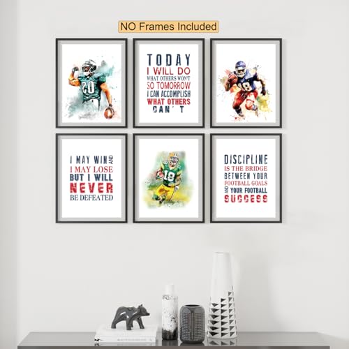Football Motivational Posters - Inspirational Art Prints For Boys Bedroom, Teenage Room Decor - Set Of 6 8x10 In