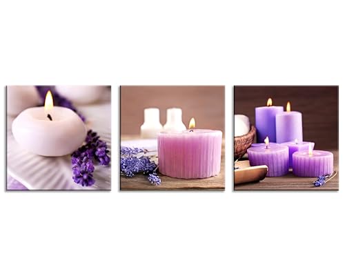 NAN Wind Zen Canvas Wall Art Spa Still Life with Lavender Aromatherapy Candles and Zen Stone Aroma Lavender Flower Painting Pictures Print on Canvas Ready to Hang for Bathroom Decoration - color: lavender candles, size: 12X12inchX3pcs