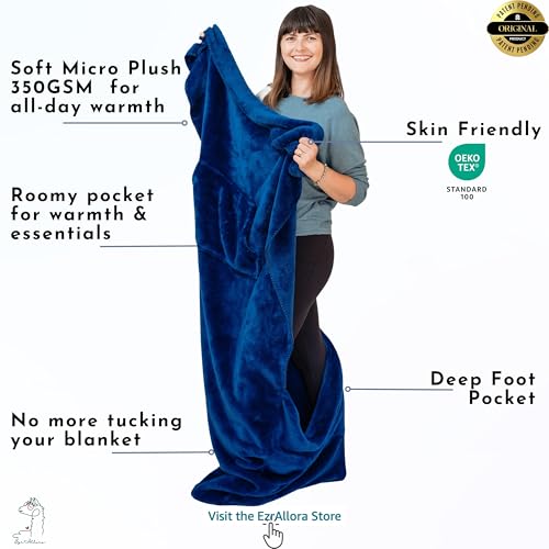 EzrAllora Plush Fleece Lightweight Foot Pocket Blanket - TV Throw Blanket - Premium Gifts for Men Who Want Nothing - Gifts for Gamer Dad -Patent Pending (Fleece, Velvet Blue) - color: Velvet Blue
