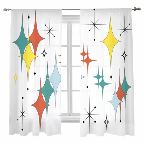 Middle Century Modern Sheer Curtains 72 Inch Length 2 Panels Set for Living Room/Bedroom, Teal Green Yellow Orange Geometric Retro Semi Curtain Sheers Drapes Rod Pocket Curtains Window Treatment Set - color: Midcentury, size: 52"W x 72"L (Pack of 2)