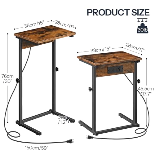HOOBRO C-Shaped End Table with Charging Station, Adjustable Height Sofa Tray Side Table, Slide Under Couch Arm Table, Small C Side Table for Small Space in Living Room, Bedroom, Rustic Brown BF71USF01 - color: Rustic Brown + Black