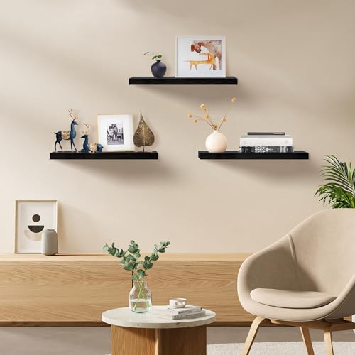 Upassion Floating Shelves for Wall Set of 3, 24" Black Wall Shelves for Home Decor, Frame Display Black Floating Shelf for Living Room, Bedroom, Bathroom, Kitchen - color: Black, size: 24 Inch